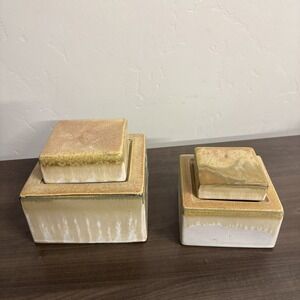 Creative Co-op Ceramic White Pink Tan Orange Crackle Glazed Container Vase w Lid